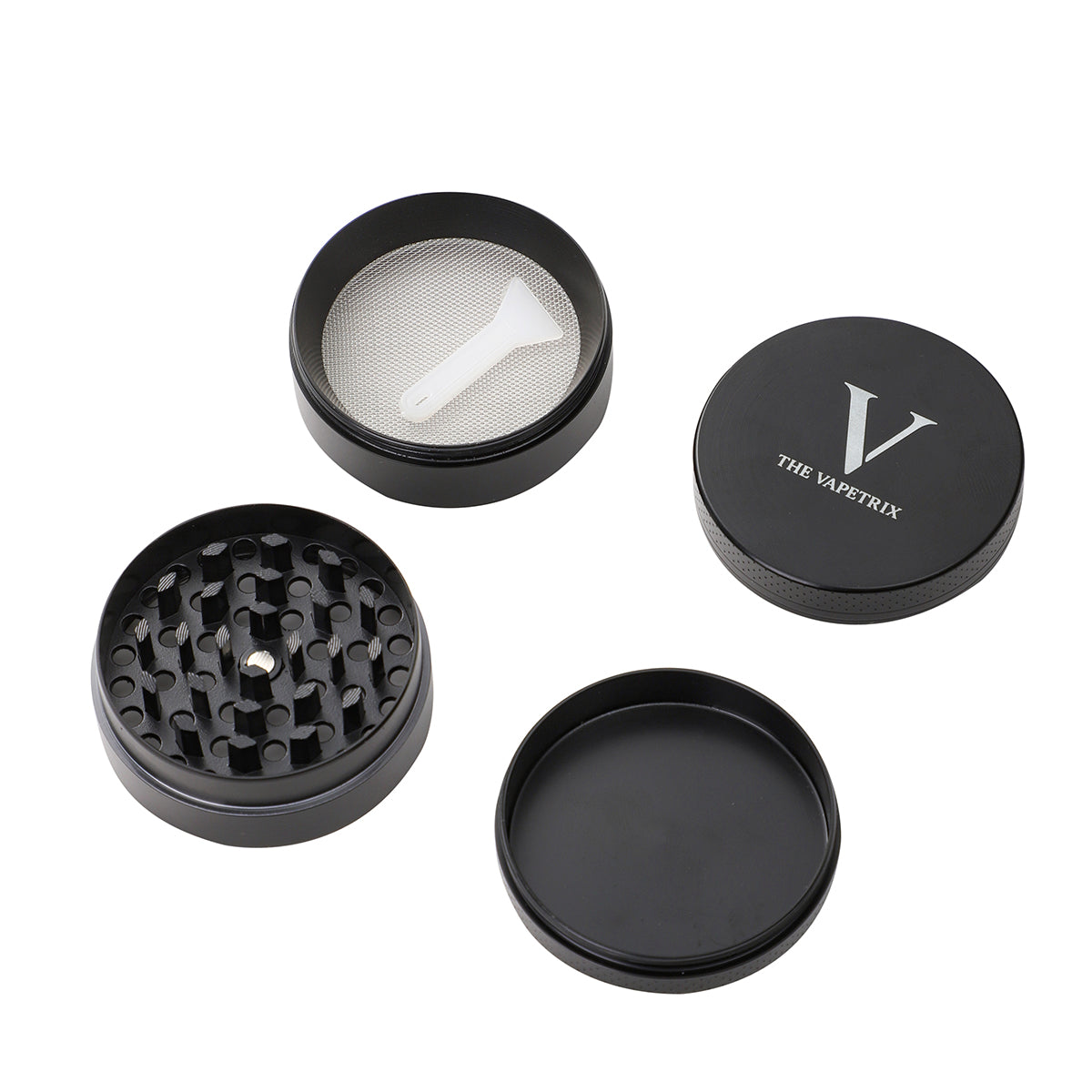 Alle 4 Teile des Vapetrix-Grinders: Deckel, Mahlkammer, Siebkammer mit Schaber, Auffangschale